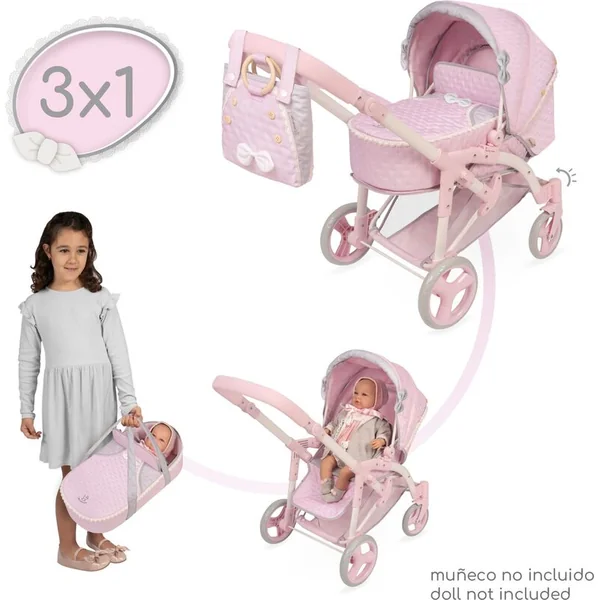 DeCuevas 81675 Poussette pliable pour poupées 3 en 1 avec sac de transport Sophie 2025 - 75 cm