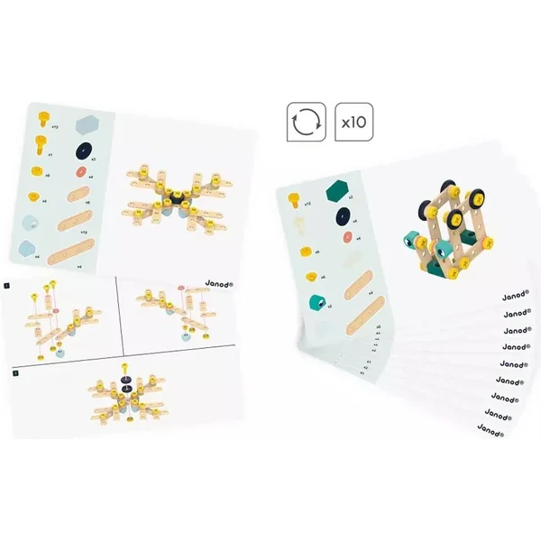 Janod BricoKids Ensemble de construction en bois avec modèles et outils 100 pcs