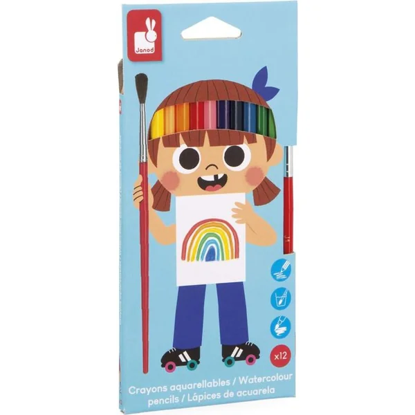 Janod Colorino Crayons aquarelle et pinceau 12 couleurs