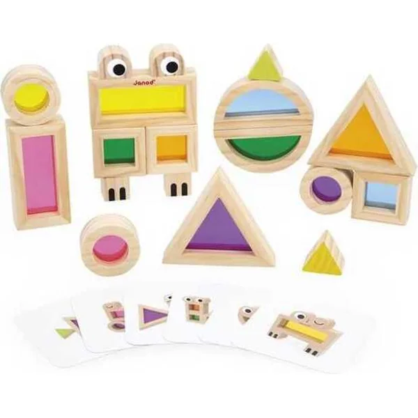 Janod Sensory Ensemble de construction sensorielle en bois avec vitraux colorés et modèles 12 pcs