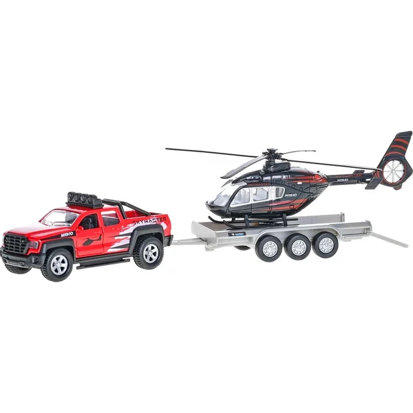 Kids Globe Traffic voiture tout-terrain 13cm métal à rétrofriction avec remorque + hélicoptère 20cm