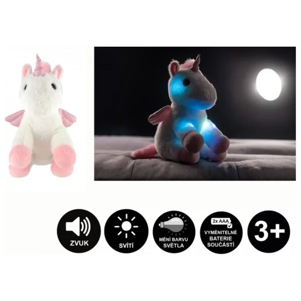 Licorne rêveuse avec ailes en peluche 38cm à piles avec lumière et son