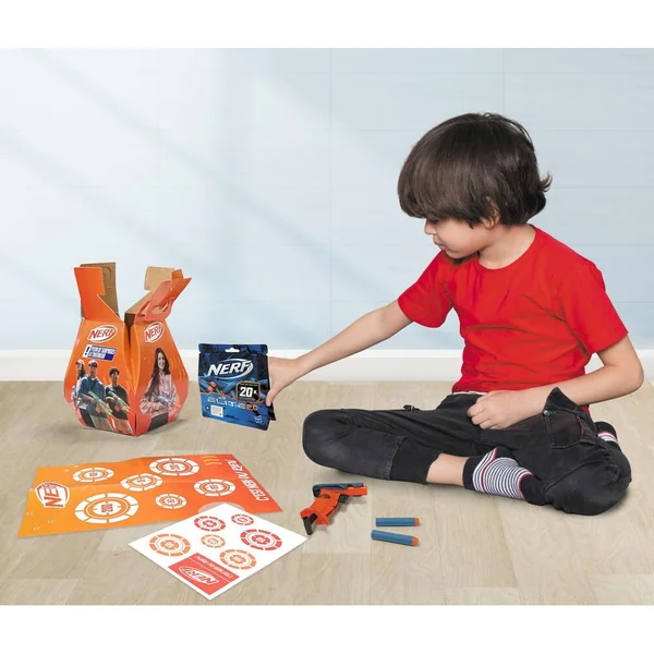 NERF -BOITE SURPRISE AVEC UN BLASTER DES FLECHETTES STICKERS ET POSTER