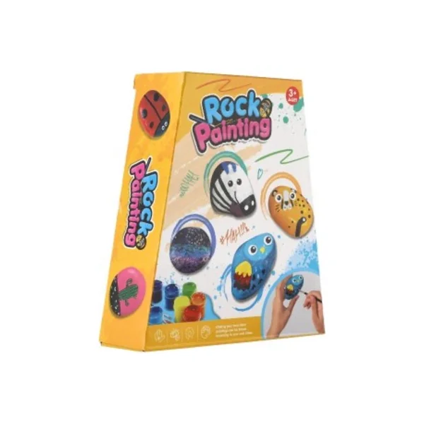 Peinture sur pierres/cailloux avec des couleurs et des pinceaux dans une boîte