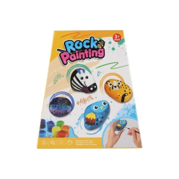 Peinture sur pierres/cailloux avec des couleurs et des pinceaux dans une boîte