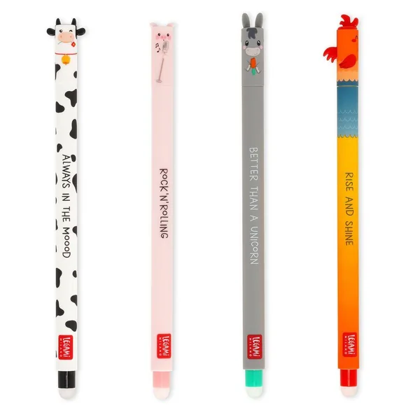 SET DE 4 STYLOS A ENCRE GEL EFFACABLES - FARM SWEET FARM - VACHE + COCHON + ANE + COQ