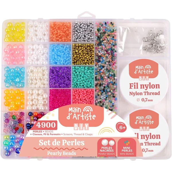 SET DE PERLES 27 CASES AVEC PERLES NACREES RONDES AVEC FIL ET CISEAUX