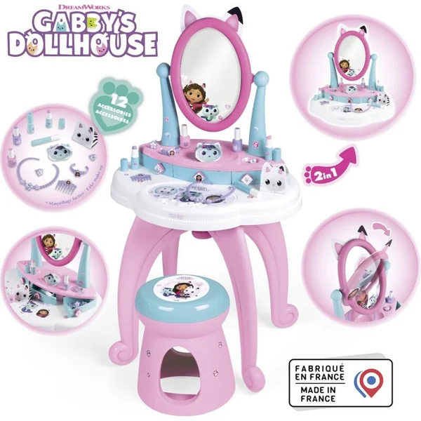 Smoby Maison de poupée de Gabby 2 en 1 Coiffeuse avec chaise