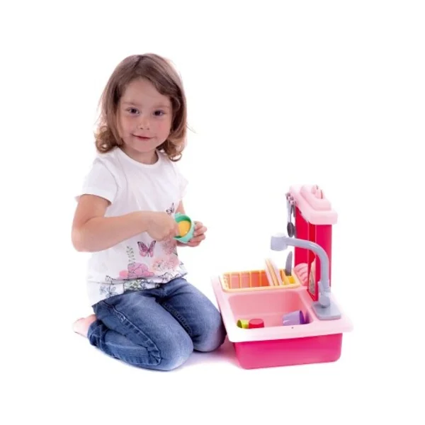 Évier pour laver la vaisselle rose + robinet à eau à piles en plastique avec accessoires dans une bo